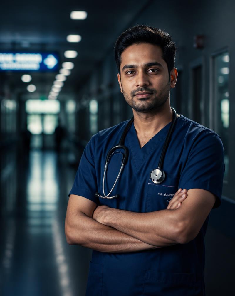 Doctor in scrubs in a hospital corridor