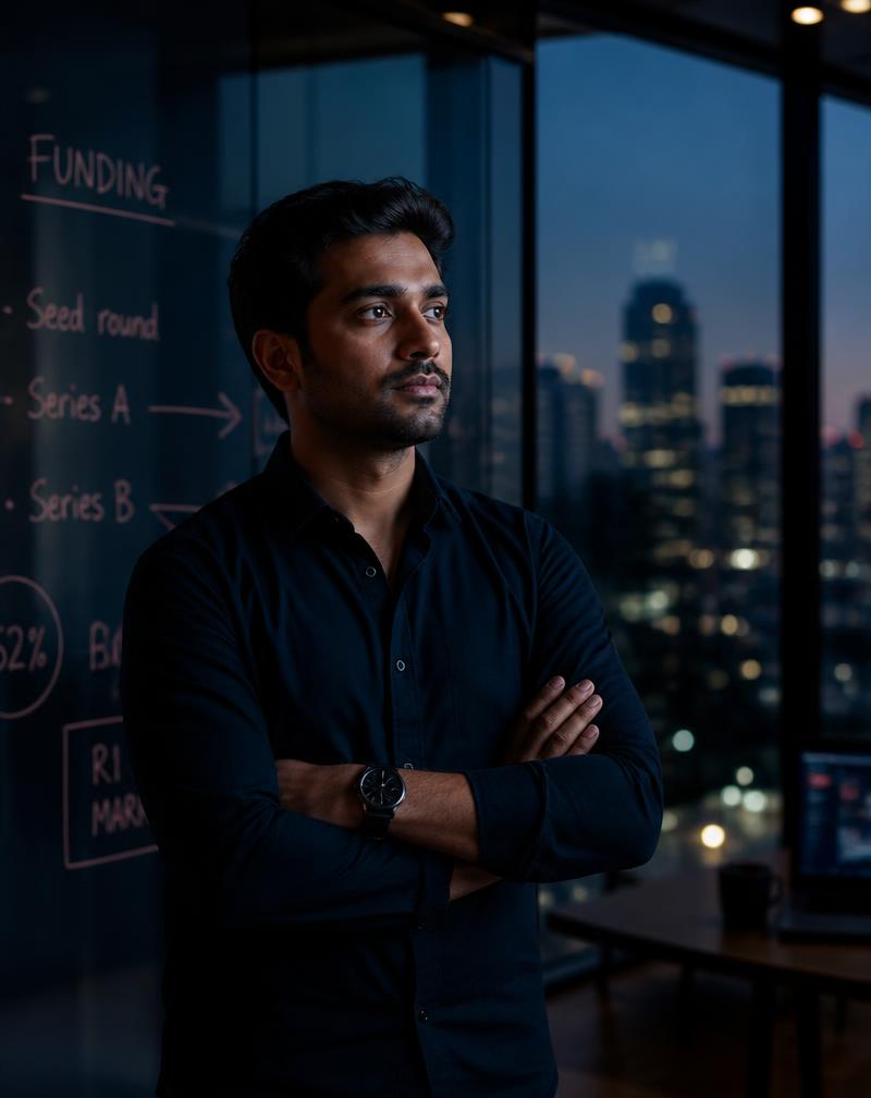 Startup founder in a glass office at dusk